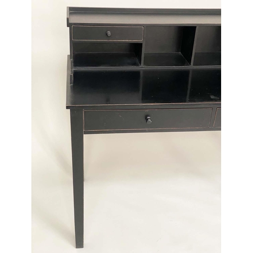 388 - WRITING TABLE, black lacquered and lined with superstructure and two freize drawers, 120cm W x 60cm ... 