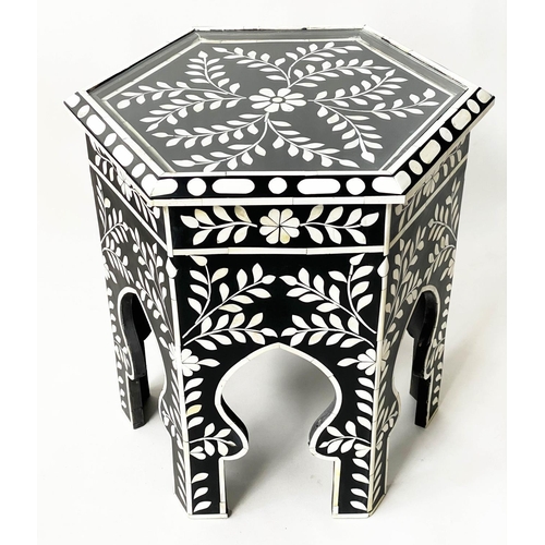 287 - OCCASIONAL TABLE, hexagonal moorish bone inset with glazed top and arcaded base, 53cm w x 54cm H.