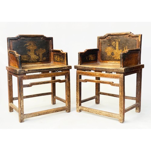 198 - CHINESE ARMCHAIRS, a pair, early 20th century panelled and lacquered each with vase decorated backs,... 