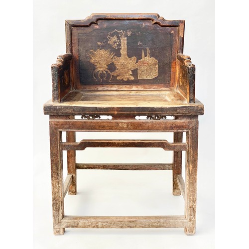 198 - CHINESE ARMCHAIRS, a pair, early 20th century panelled and lacquered each with vase decorated backs,... 