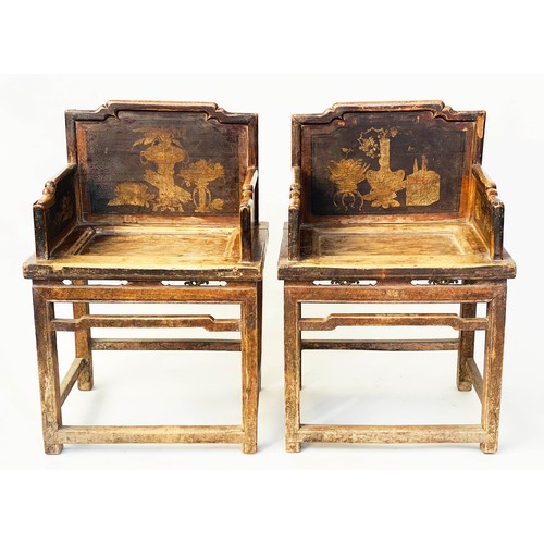 198 - CHINESE ARMCHAIRS, a pair, early 20th century panelled and lacquered each with vase decorated backs,... 