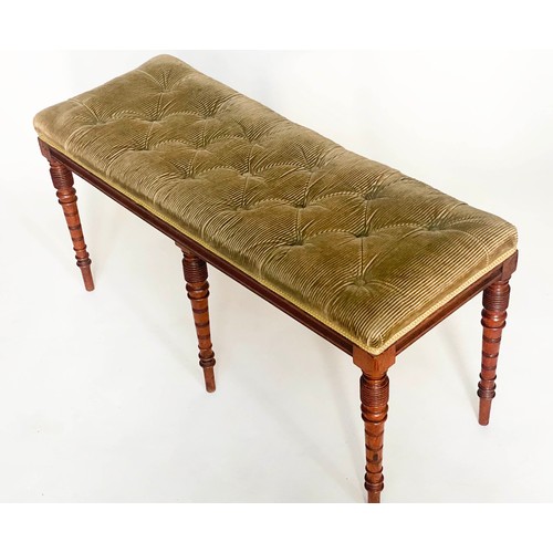 219 - WINDOW SEAT, late 19th century Aesthetic ribbed green buttoned velvet, woven silk trim and turned ta... 