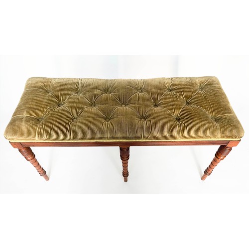 219 - WINDOW SEAT, late 19th century Aesthetic ribbed green buttoned velvet, woven silk trim and turned ta... 