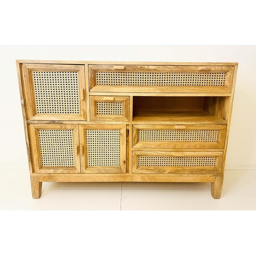 471 - SIDEBOARD, 115cm x 40cm x 81cm, 1960s Danish style, caned detail.