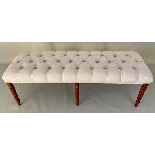 537 - HALL SEAT, 51cm x 122cm x 44cm, deep buttoned neutral linen upholstery.