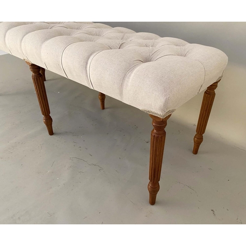 537 - HALL SEAT, 51cm x 122cm x 44cm, deep buttoned neutral linen upholstery.