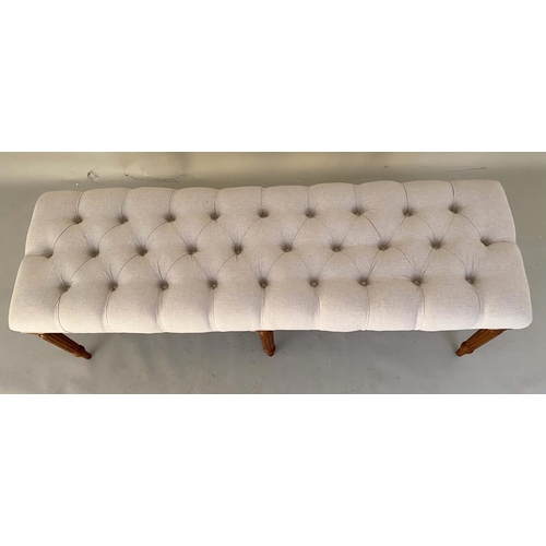 537 - HALL SEAT, 51cm x 122cm x 44cm, deep buttoned neutral linen upholstery.