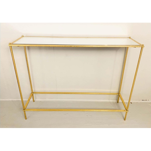 540 - CONSOLE TABLE, 81cm H x 32cm D x 107cm W, gilt metal, mirrored glass inserted top.