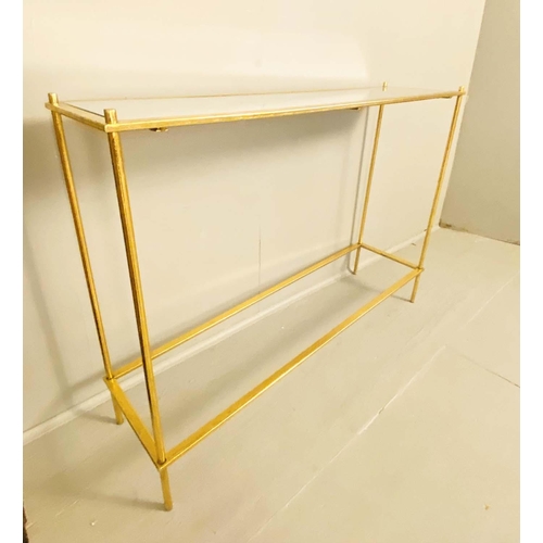 540 - CONSOLE TABLE, 81cm H x 32cm D x 107cm W, gilt metal, mirrored glass inserted top.