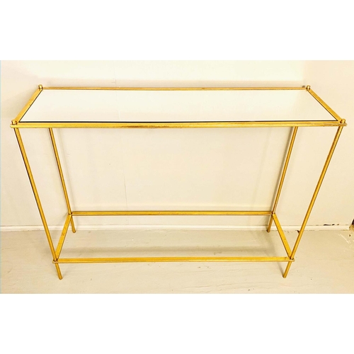 540 - CONSOLE TABLE, 81cm H x 32cm D x 107cm W, gilt metal, mirrored glass inserted top.