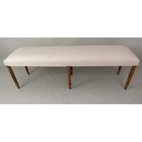 542 - HALL SEAT, 50cm H x 150cm W x 40cm D, neutral linen upholstery, turned legs