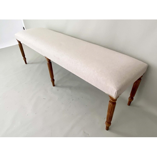 542 - HALL SEAT, 50cm H x 150cm W x 40cm D, neutral linen upholstery, turned legs