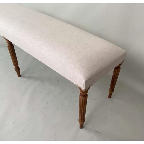 542 - HALL SEAT, 50cm H x 150cm W x 40cm D, neutral linen upholstery, turned legs