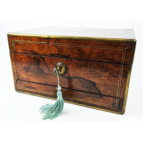 10 - SEWING BOX, Victorian, circa 1850, rosewood and brass bound, the lid enclosing a fitted silk lined i... 