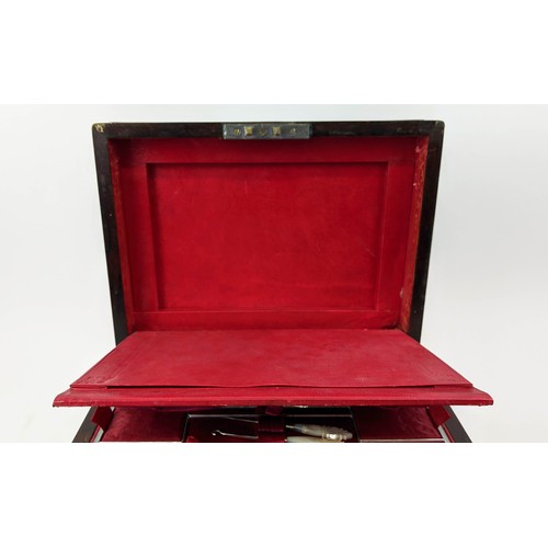 10 - SEWING BOX, Victorian, circa 1850, rosewood and brass bound, the lid enclosing a fitted silk lined i... 