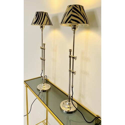 401 - LIBRARY LAMPS, a pair, 68cm high, 20cm diameter, height adjustable with zebra print shades. (2)