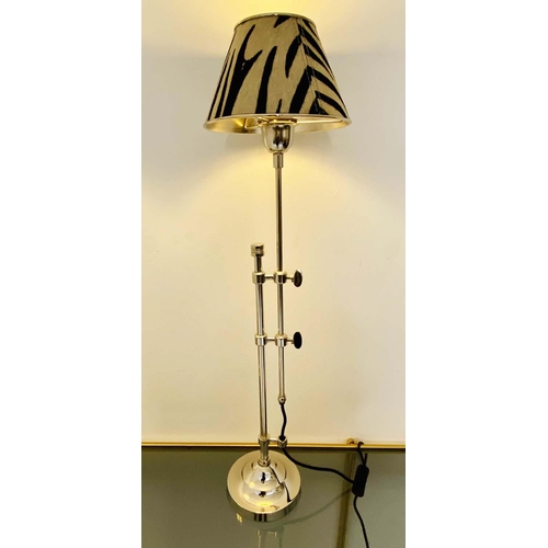 401 - LIBRARY LAMPS, a pair, 68cm high, 20cm diameter, height adjustable with zebra print shades. (2)