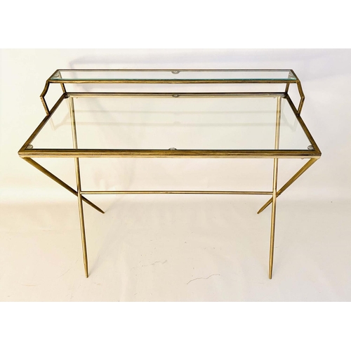 407 - MAISON JANSEN STYLE DESK, 87cm H x 95cm W x 42cm D, inset glass top, gilt metal cross frame.