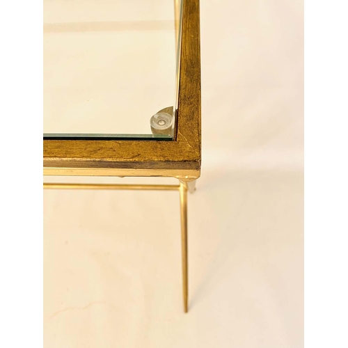 407 - MAISON JANSEN STYLE DESK, 87cm H x 95cm W x 42cm D, inset glass top, gilt metal cross frame.