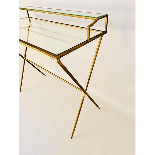 407 - MAISON JANSEN STYLE DESK, 87cm H x 95cm W x 42cm D, inset glass top, gilt metal cross frame.