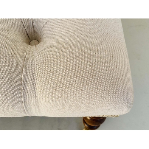 408 - HEARTH STOOL, 187cm W x 90cm D, neutral linen deep-buttoned upholstered, turned legs.