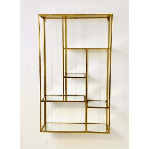 409 - WALL SHELVES, 100cm H x 69cm W x 20cm D, 1960s French Style, gilt metal with mirrored glass shelves.