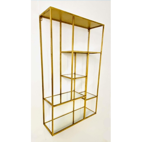 409 - WALL SHELVES, 100cm H x 69cm W x 20cm D, 1960s French Style, gilt metal with mirrored glass shelves.