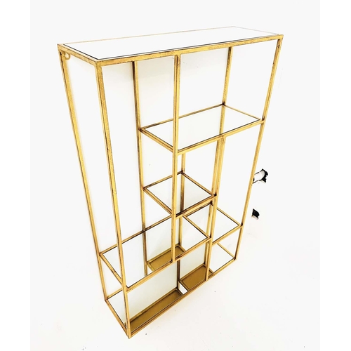 409 - WALL SHELVES, 100cm H x 69cm W x 20cm D, 1960s French Style, gilt metal with mirrored glass shelves.