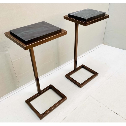 417 - MARTINI TABLES, a pair, black marble inset tops, bronzed metal base, 60cm H x 25cm W x 22cm D. (2)