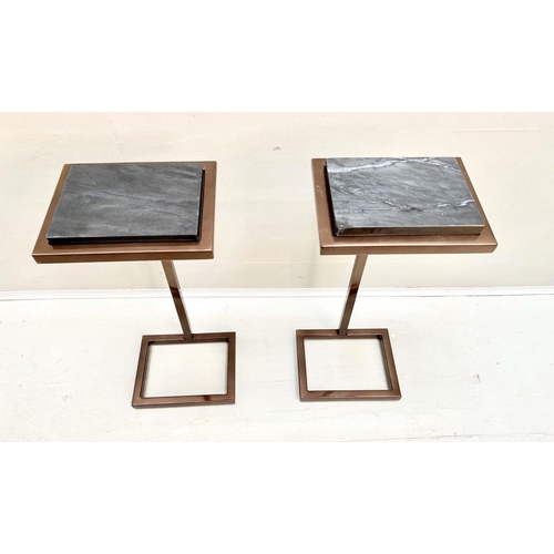 417 - MARTINI TABLES, a pair, black marble inset tops, bronzed metal base, 60cm H x 25cm W x 22cm D. (2)