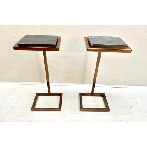 417 - MARTINI TABLES, a pair, black marble inset tops, bronzed metal base, 60cm H x 25cm W x 22cm D. (2)