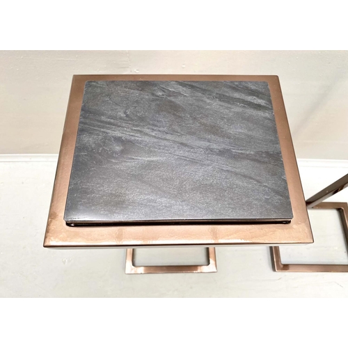 417 - MARTINI TABLES, a pair, black marble inset tops, bronzed metal base, 60cm H x 25cm W x 22cm D. (2)