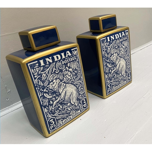 419 - GINGER JARS, a pair, 32cm H x 18cm W x 12cm D, glazed ceramic with vintage India postal print design... 