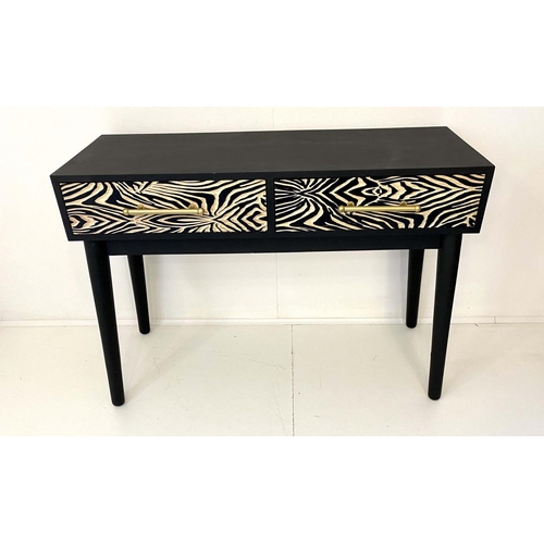 424 - CONSOLE TABLE, 76cm H x 111cm W x 44cm D, ebonized with zebra print accents to drawers.