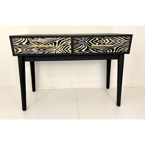 424 - CONSOLE TABLE, 76cm H x 111cm W x 44cm D, ebonized with zebra print accents to drawers.