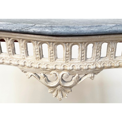 221 - CONSOLE TABLE, French style serpentine form, grey painted with pierced frieze and marble top, 112cm ... 