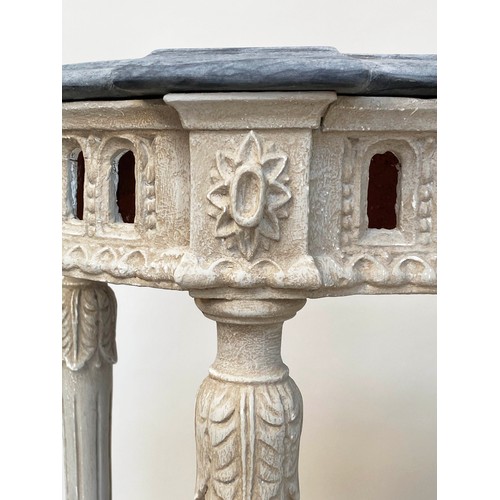 221 - CONSOLE TABLE, French style serpentine form, grey painted with pierced frieze and marble top, 112cm ... 