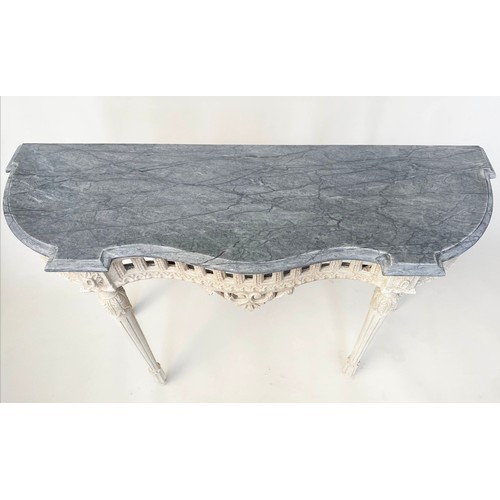 221 - CONSOLE TABLE, French style serpentine form, grey painted with pierced frieze and marble top, 112cm ... 