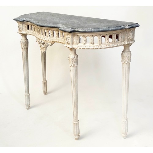 221 - CONSOLE TABLE, French style serpentine form, grey painted with pierced frieze and marble top, 112cm ... 