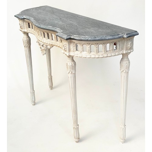 221 - CONSOLE TABLE, French style serpentine form, grey painted with pierced frieze and marble top, 112cm ... 