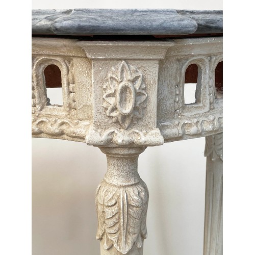 221 - CONSOLE TABLE, French style serpentine form, grey painted with pierced frieze and marble top, 112cm ... 