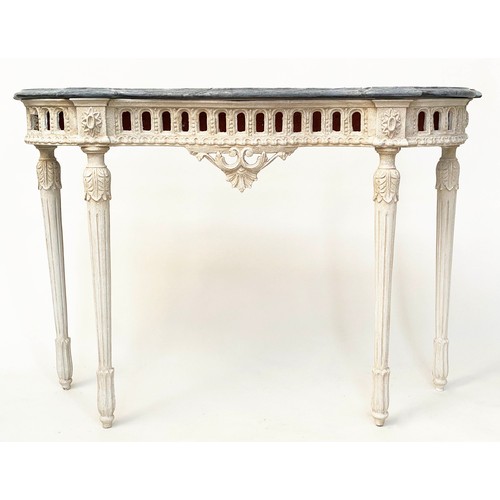 221 - CONSOLE TABLE, French style serpentine form, grey painted with pierced frieze and marble top, 112cm ... 