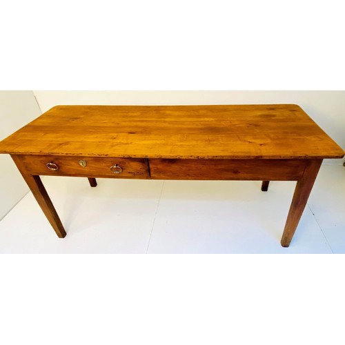 254 - FARMHOUSE DINING TABLE, 19th century French Provincial cherrywood, two drawers, 77cm x 179cm x 69cm.