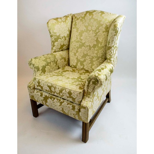 165 - WING ARMCHAIR, by Wesley Barrell, Queen Anne style in gold raised foliate patterned silk damask upho... 