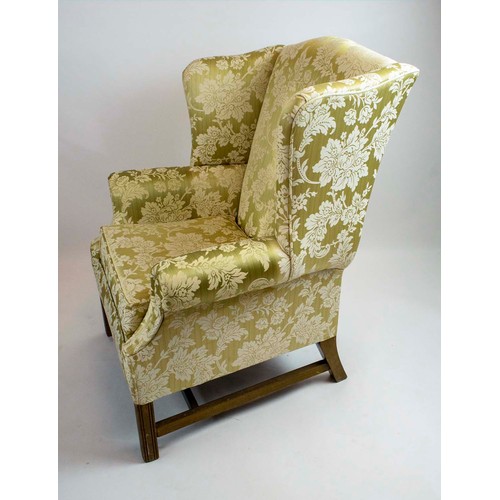 165 - WING ARMCHAIR, by Wesley Barrell, Queen Anne style in gold raised foliate patterned silk damask upho... 