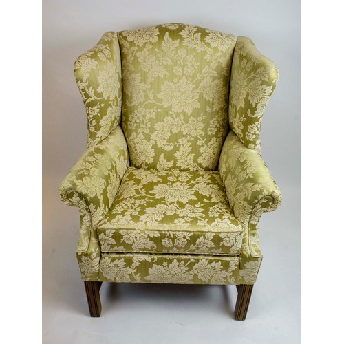 165 - WING ARMCHAIR, by Wesley Barrell, Queen Anne style in gold raised foliate patterned silk damask upho... 