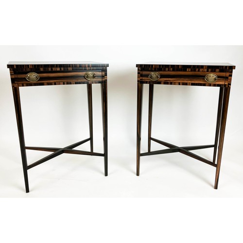 554 - SIDE TABLES, a pair, George III manner, coromandel with crossbanded tops and drawers, on slender tap... 