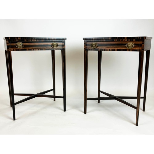 554 - SIDE TABLES, a pair, George III manner, coromandel with crossbanded tops and drawers, on slender tap... 