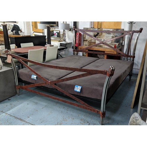 374 - VI SPRING BEDFRAME, faux leather strap work design, 200cm W approx.with 2 divan bed bases.