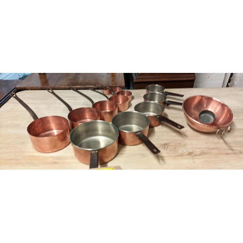 1 - BATTERIE DE CUISINE, comprising of a set of five graduated copper pans, the largest 20cm diam anothe... 